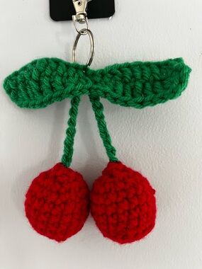 Hand Crafted Red Cherry Keychain with Green Leaves